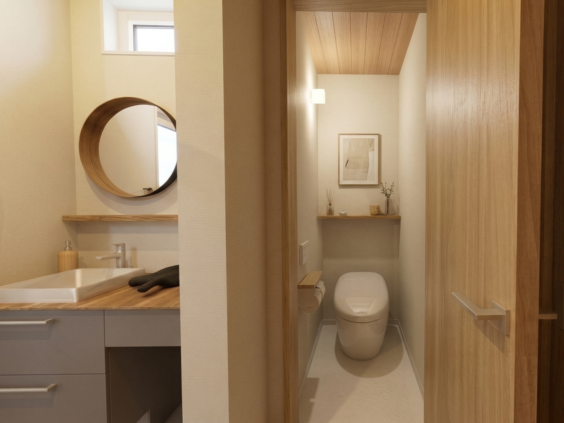 トイレ横に配置されたスタイリッシュな洗面台は、帰宅後の手洗いや来客用としても活躍