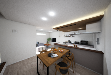 料理をしながらリビング全体を見渡せる開放的なレイアウト