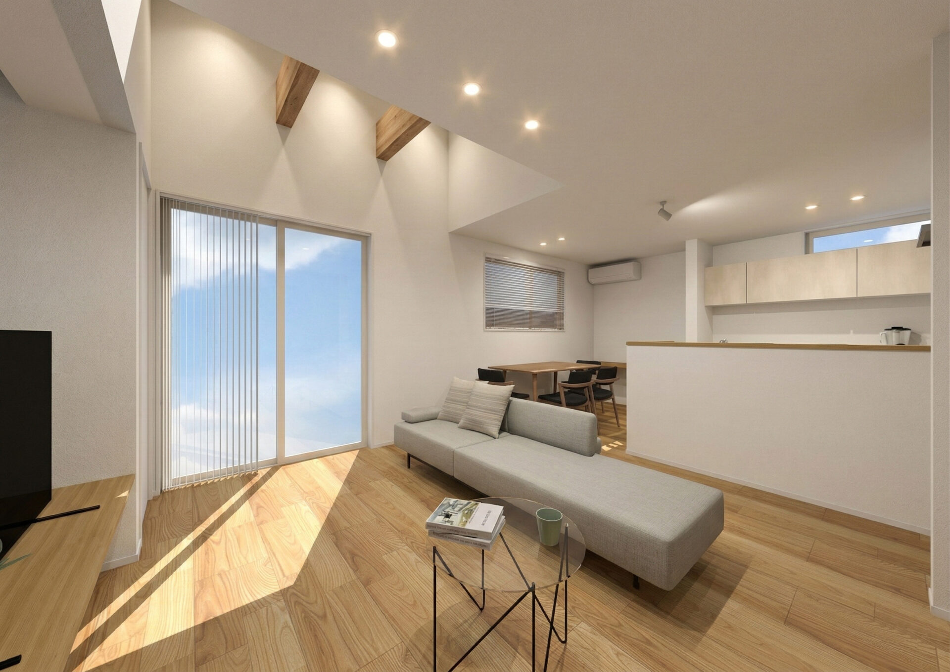 開放感あふれる１７帖のＬＤＫには、吹抜けと梁あらわしを施し、デザイン性の高い空間に。