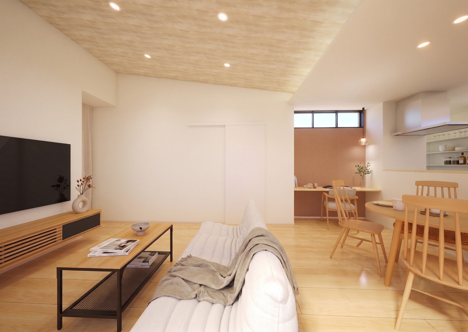 内観イメージ（リビング・ダイニング）

＿勾配天井×間接照明が生む、天井まで美しいくつろぎのリビング。