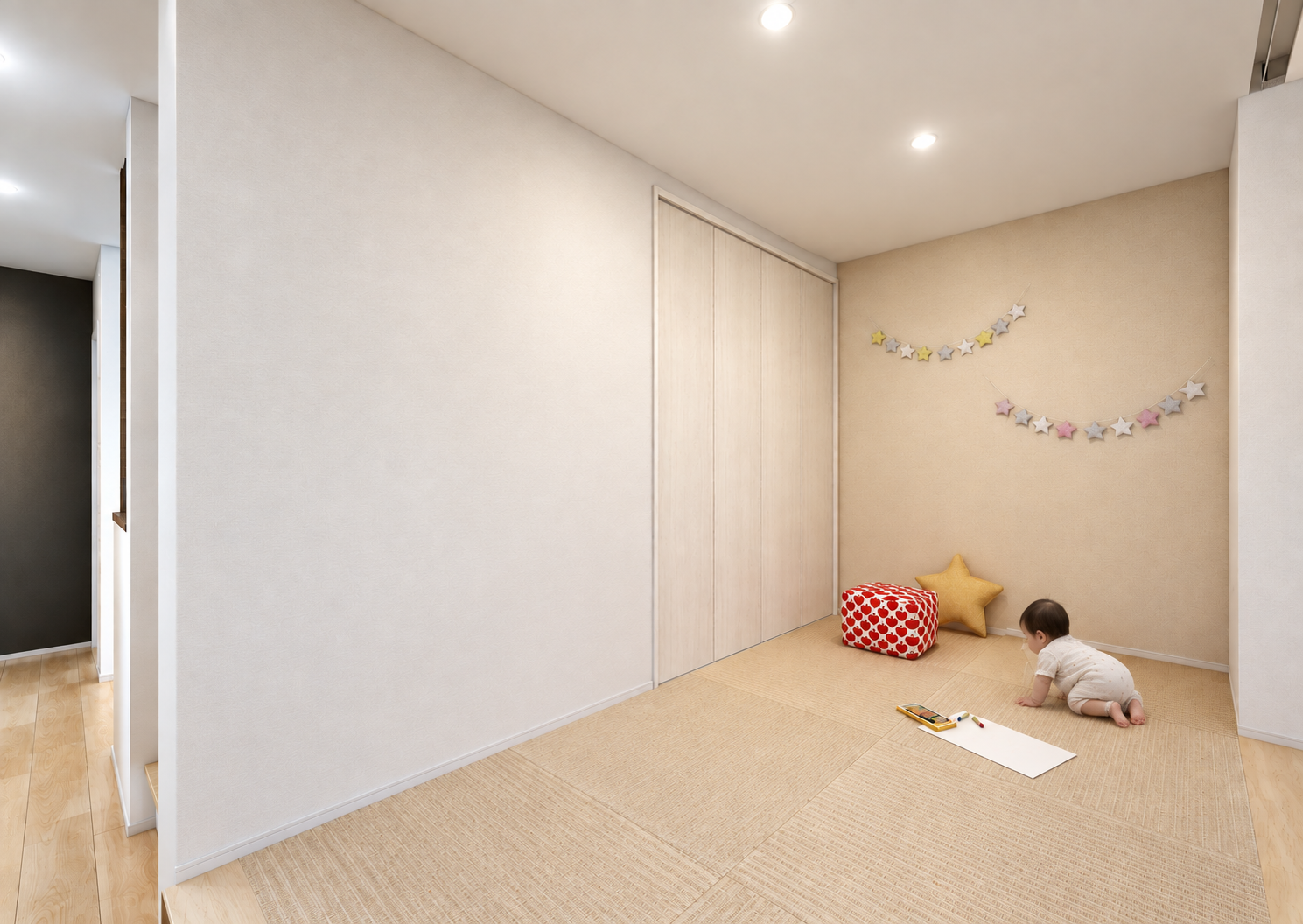ＬＤＫの一角に設けた、収納もたっぷり備えたお子様の遊び場やお昼寝にぴったりの小上がり畳スペース