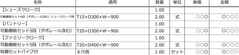 収納・棚板の見積り明細