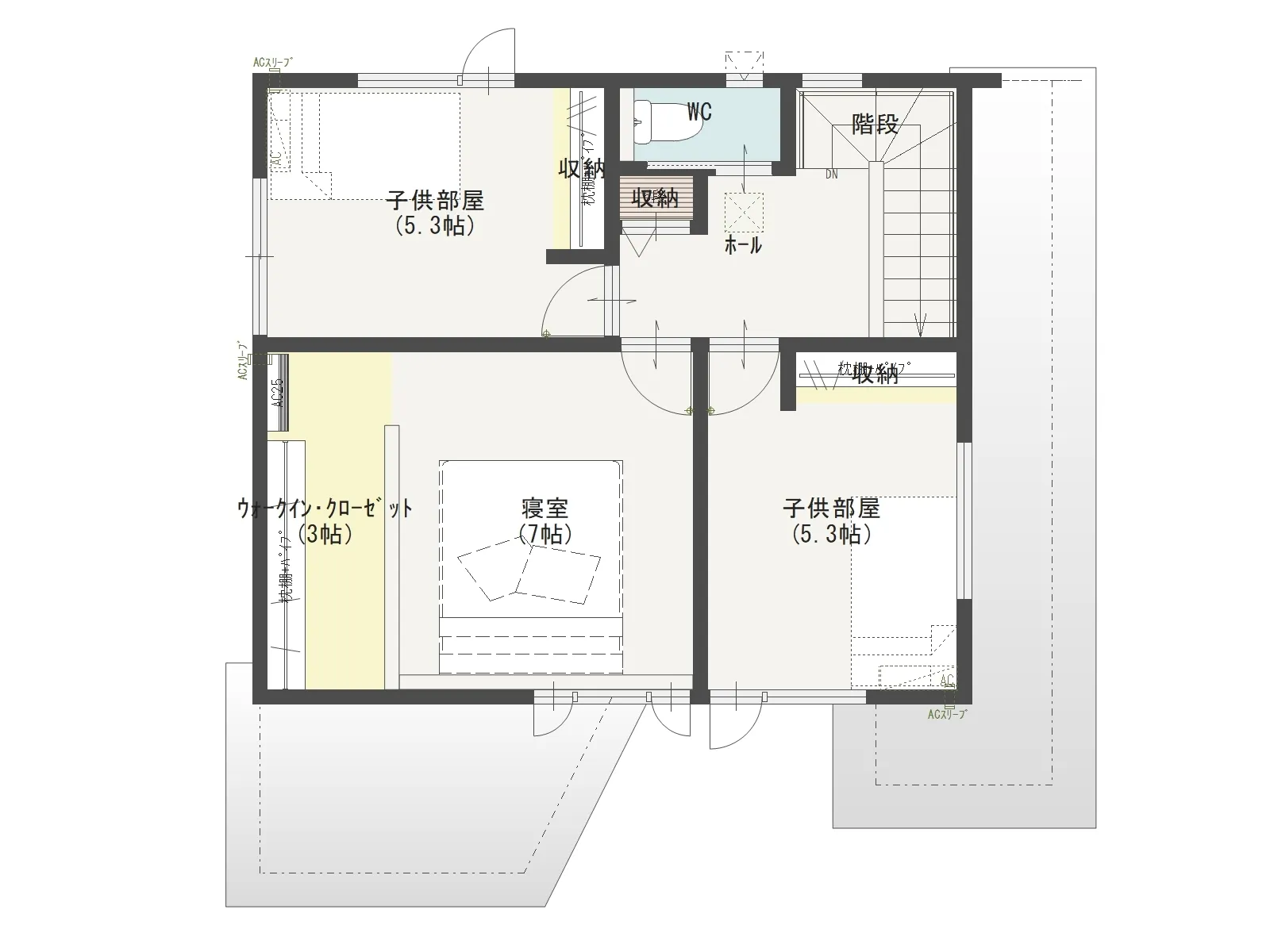 ステーツで採用されやすい5.3畳の子ども部屋（2部屋）の間取り図